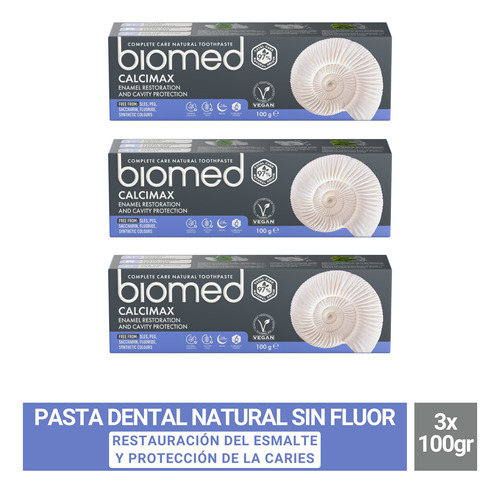 Pack 3 Pasta Dental Natural Anti Caries Biomed Calcimax 100g