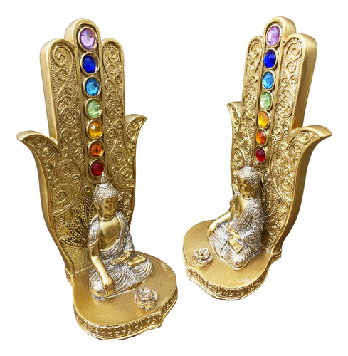 Porta Incenso Energia Meditação Mão 7 Chakras Decoração Buda Cor Dourado Brilhante Com Pedras Mão De Fátima Com Pedras Buda Meditação Yoga