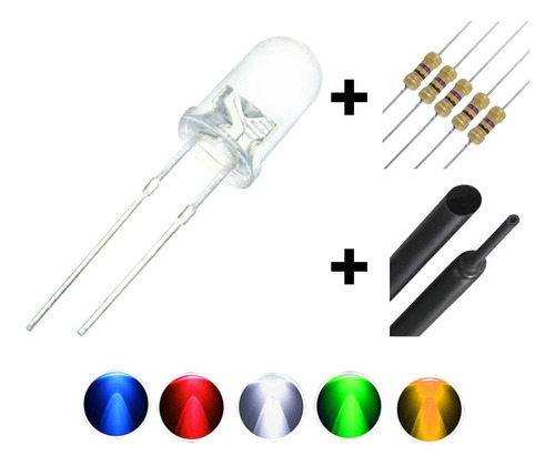 Kit 100x Led 5mm Alto Brilho +espaguete+ Resistor 5 Cores!