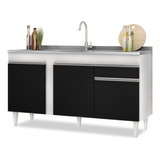 Balcão Gabinete C/ Pia Inox 150cm 3ptas Dakota Branco/preto