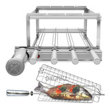 Churrasqueira Gira Grill 4 Espetos Inox + Espeto Grelha Peix