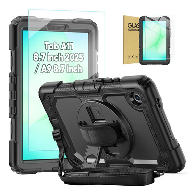1 GLass Mica+ Funda Para Samsung Galaxy Tab A11 (8.7 Pulgada) 2025\u002FGalaxy Tab A9 8.7 Pulgada 2023 (sm-x130\u002Fx133\u002Fx135\u002Fsm-x110\u002Fx115\u002FX117) Correa De Hombro Portatil Stand Giratorio 360°uso Rudo Reforzada | Meses sin interés