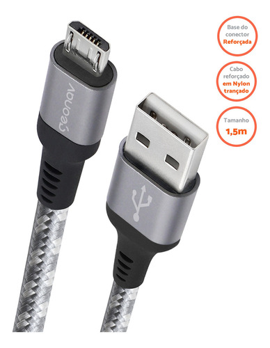 Cabo Micro Usb Nylon Trançado Reforçado 1,5m Cinza Geonav