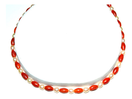 Collar Perla Cultivada Y Coral Rojo Bestcalidad  42-43 Cm