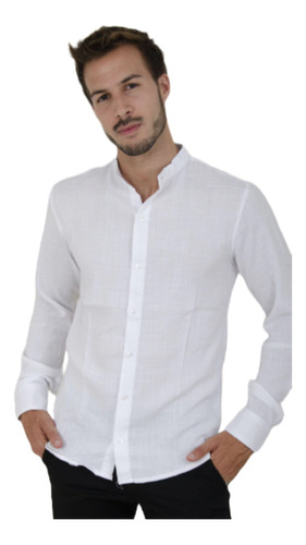 Camisa Beige Lino Vestir Cuello Mao Elastizada Manga Larga