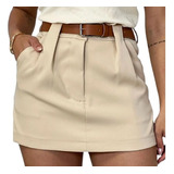 Short Saia Feminino Alfaiataria Com Cinto E Bolsos Moda 