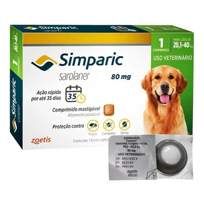 Zoetis Simparic 80mg Antipulgas Carrapatos Cães 20-40kg 1 Comprimido | Frete grátis