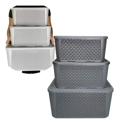 Kit 3 Caixas Organizadoras Tampa Rattan Retangular Cinza    