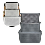 Kit 3 Caixas Organizadoras Tampa Rattan Retangular Cinza    