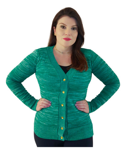 Sueter Cardigan Aberto Feminino Tricot Manga Longa Botão