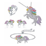 Set Unicornio Collar Dije Pulsera Aretes Y Anillo Ajustable