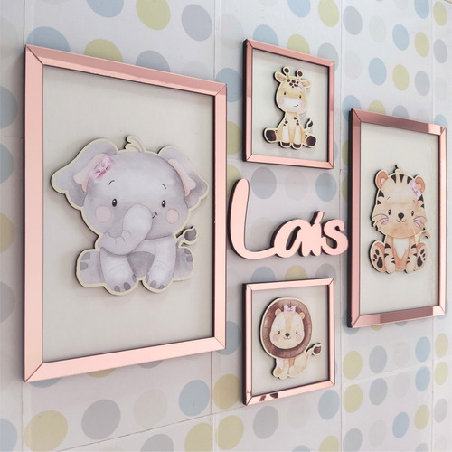 Kit 4 Quadrinhos Quadros Decorativos Kit Safari Baby Menina