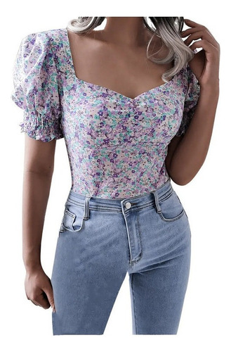 Camisa De Gasa Con Cuello Cuadrado Linterna Top De Mujer