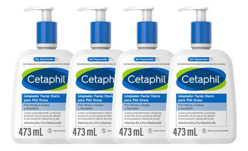 Combo X4 Cetaphil Limpiador Facial Para Piel Grasa 473ml