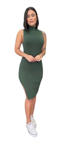 Vestido Midi Canelado Feminino Com Fenda Tubinho Moda Gringa