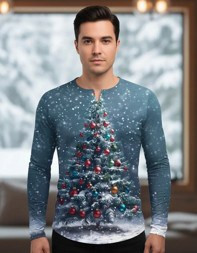Blusas Navideñas De Manga Larga Estampadas Para Hombre Con C