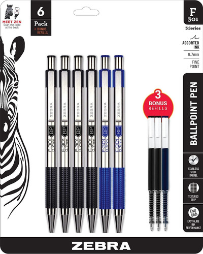 6 Bolígrafos Resistentes Recargables Negro Y Azul Zebra