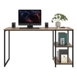 Mesa Escrivaninha Vintage De Madeira  Com 2 Prateleiras Acopladas Industrial Ferro E Madeira Home Office Cor Laminada Com Preto Retrô