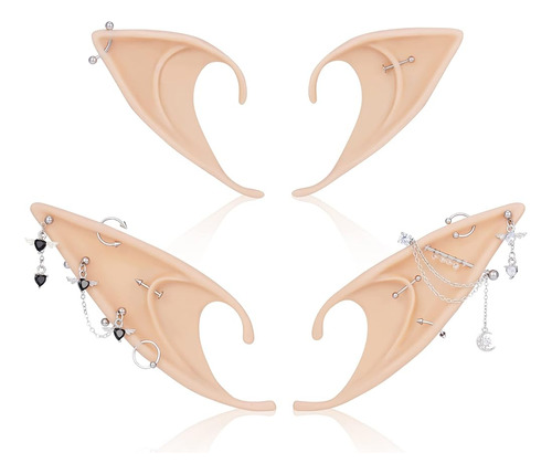 Freshme Cosplay Pixie Elf Ears With Y2k Piercings Set - Orej