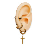 Pack De Aros Argollas Piercing Oreja Cruz Chapada En Oro 18k