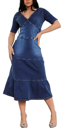 Vestido Midi Jeans Feminino Com Lycra Moda Evangélica