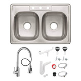 Fregadero Tarja Tina Doble Acero Inox 84x56 Con Kit Mez Prem