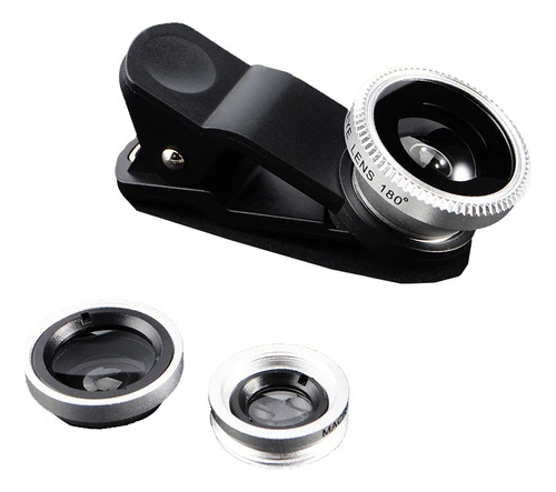 Kit 3 Em 1 Lente Celular Fish Eye Macro Wide Universal Prata