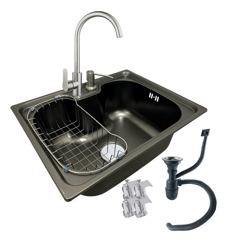 Lavaplatos 50x40 Negro Con Llave Acero Inox Y Full Accesorio