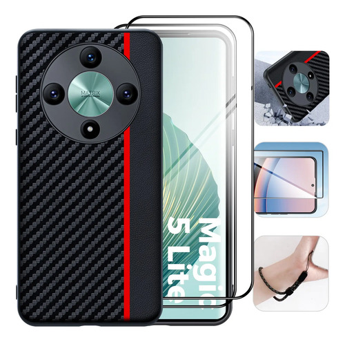 Funda Case Protectora Piel Anticaída Para Honor Magic7 Lite / Honor Magic6 Lite Honor Magic5 Lite Cubierta Cuero De Fibra Carbono Para Pantalla + Mica