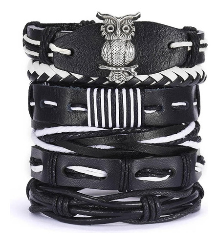 Brazalete Cuero Multicapa Set 6 Pulseras Dije Buho 