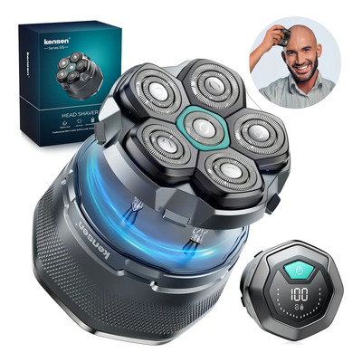 Kensen Afeitadora Cabeza Hombre IPX6 Impermeable, Maquina Para Cortar Cabello De Barba, 6D Cabezales Magnéticos Maquina Afeitar Cabeza para Calvo con Pantalla LED, USB-C, Color Negro Regalo FK-8750 | Meses sin interés