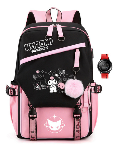 Mochila Escolar De Gran Capacidad Y Reloj Kuromi Melody, Col