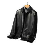 Chaqueta De Plumón De Cuero Con Solapa For Hombre, Abrigo Grueso Informal De Moda Con Forro De Plumón De Pato Blanco Relleno, Abrigo Grueso Negro