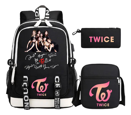 3 Piezas Mochila Twice Con Puerto De Carga Usb Periférico Mochila Escolar De Pintura Kpop Trunks Momo Twice Jihyo Nayeon Mochila Escolar Negro 2025 | Envío gratis