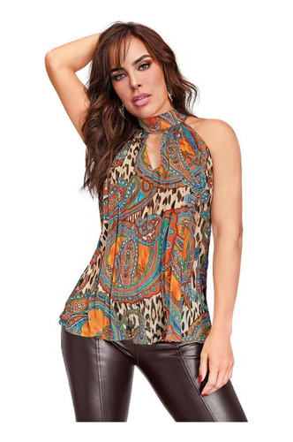 Blusa Dama Estampada Tipo Halter Plisada 991-98