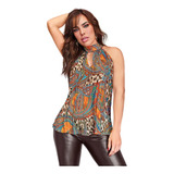 Blusa Dama Estampada Tipo Halter Plisada 991-98