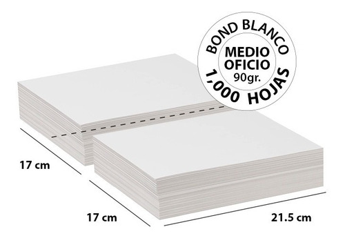 Papel Bond Blanco Medio Oficio 90 Gr - 1,000 Hojas