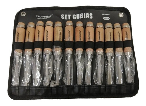 Set 12 Gubias Profesional Acero Mango Madera + Estuche Cuero