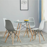 Comedor Redondo Mesa De Vidrio Eames 80cm 4 Puestos Color Gris