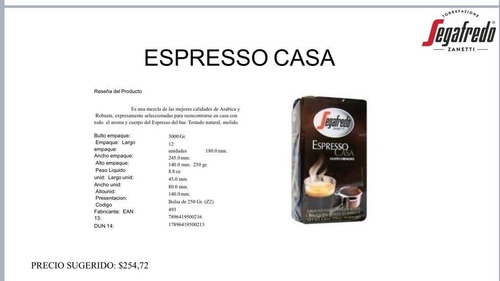 Cafe Molido Pack 6 X 250 Grs Espresso Casa Segafredo Zanetti