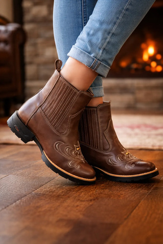 Botina Country Texana Feminina Couro Legítimo Bico Quadrado