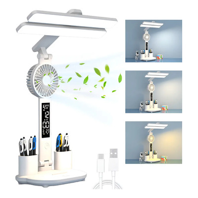 Lámpara Led Escritorio Usb,con Reloj Ventilador Estructura Color Blanco Lampara Escritorio De Lectura Usb Led Lampara De Lectura Ajustable Luz 3 Temperaturas Con Portalápices
