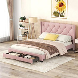 Cama Queen Size Con Almacenamiento Y Tapizado - Rosa