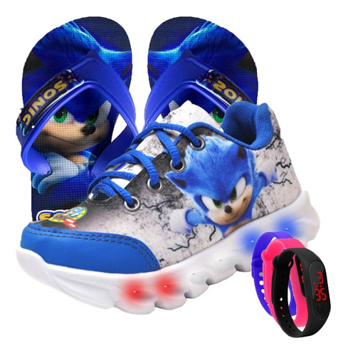 Kit Tenis Infantil De Led Sonic + Chinelo + Relogio Promoção