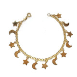 Pulsera Enchapada Oro 18k Eslabones Lunas Y Estrellas 