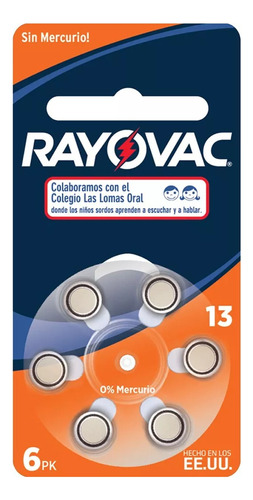 Pilas Audifono Boton Rayovac L13-6 Lazm Pila Auditiva X 6u