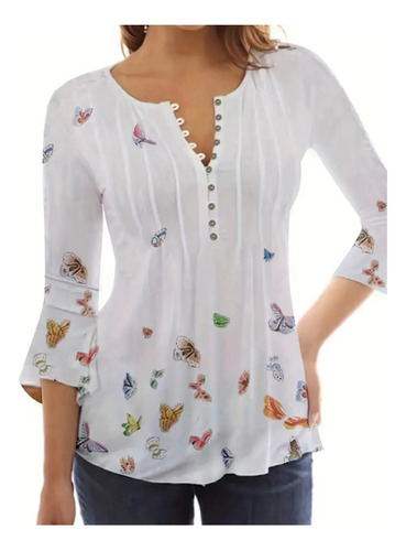 Blusa De Manga Larga Con Estampado De Mariposas Para Mujer