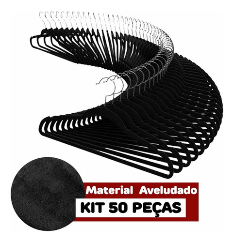 Cabides Veludo Ultra Fino Antideslizante Preto - Kit 50 Cor Preto/prata