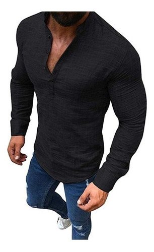 Camisa Cuello Mao Lino Hombre Casual Manga Larga Slim Fit .