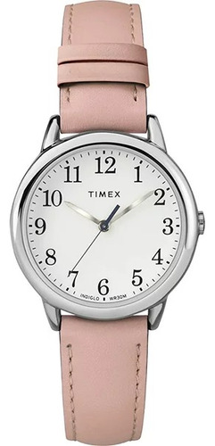 Reloj Dama Timex Correa De Piel Con Luz 30mm Tw2u297009j Correa Rosa Bisel Plateado Fondo Blanco